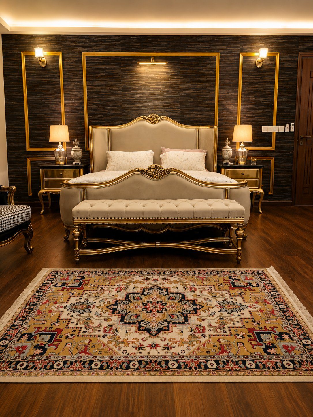 Tamachi bedroom bench and gold bed frame, front view