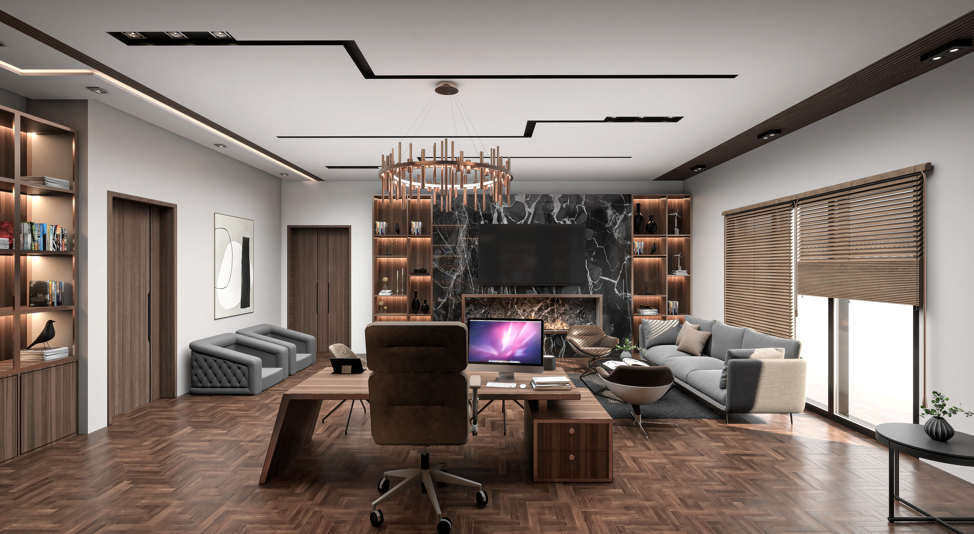 Executive office with a copper ring chandelier and marble television wall
