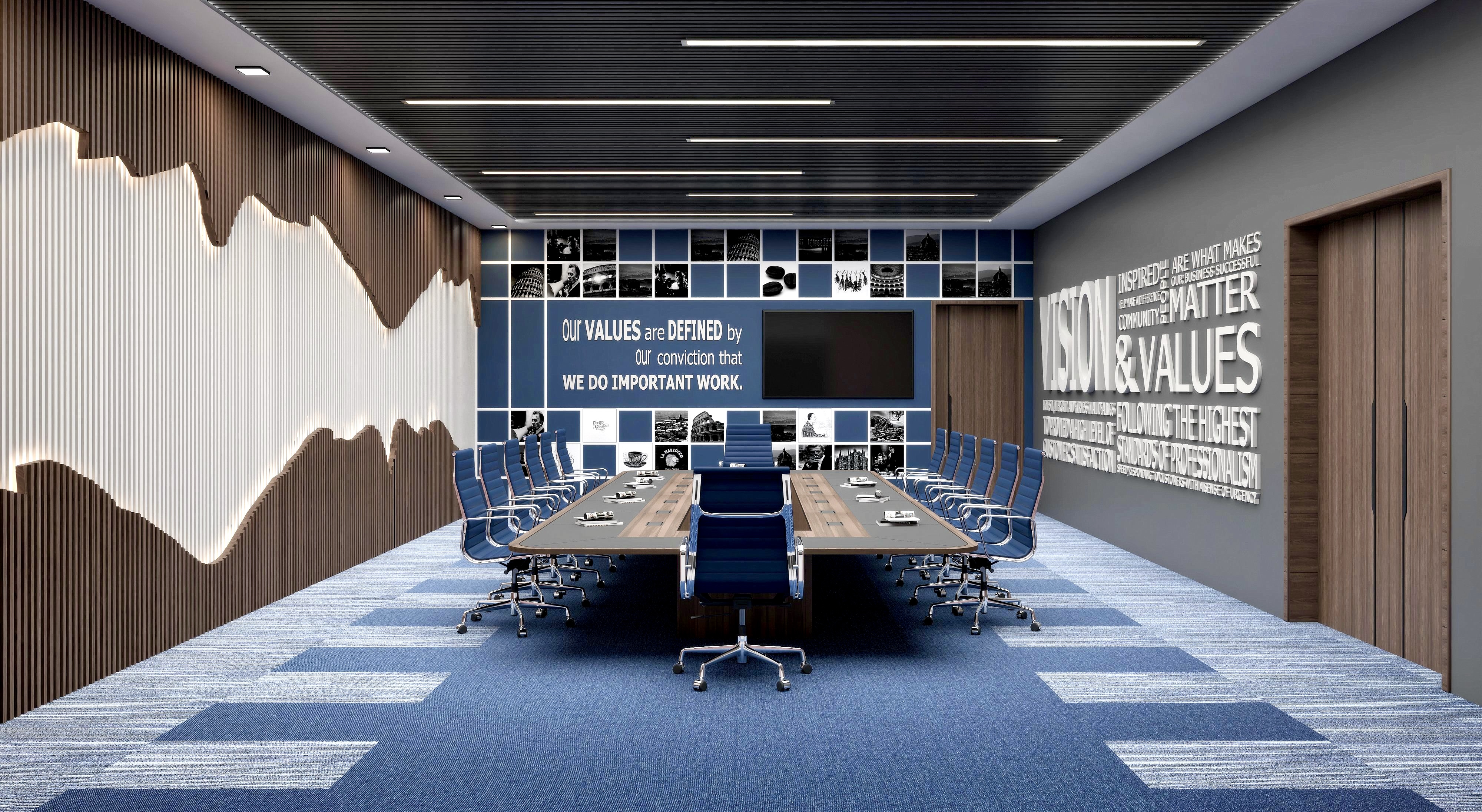 Board room with a blue vision-and-values feature wall