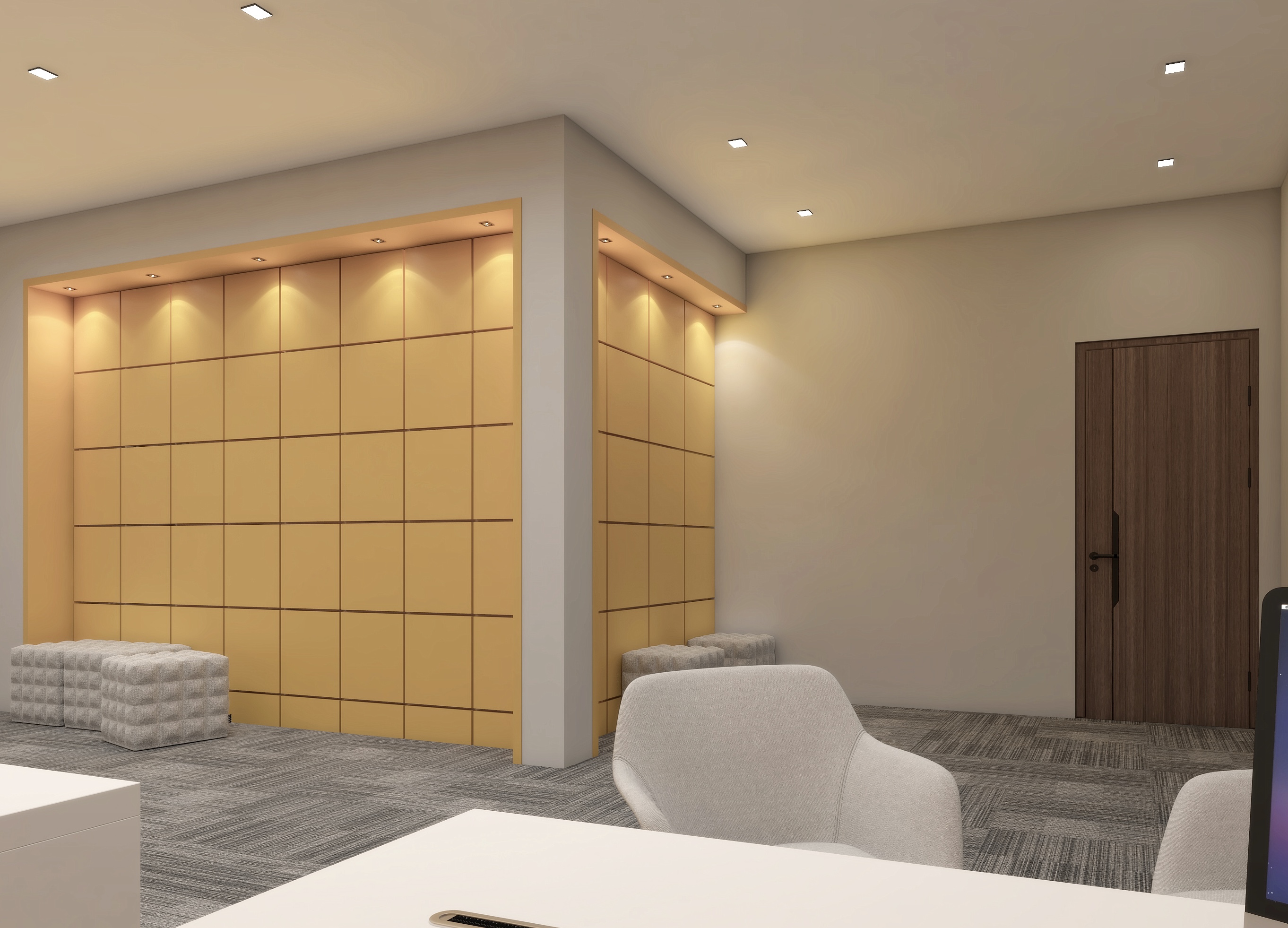 Breakout area with a mustard tiled feature wall