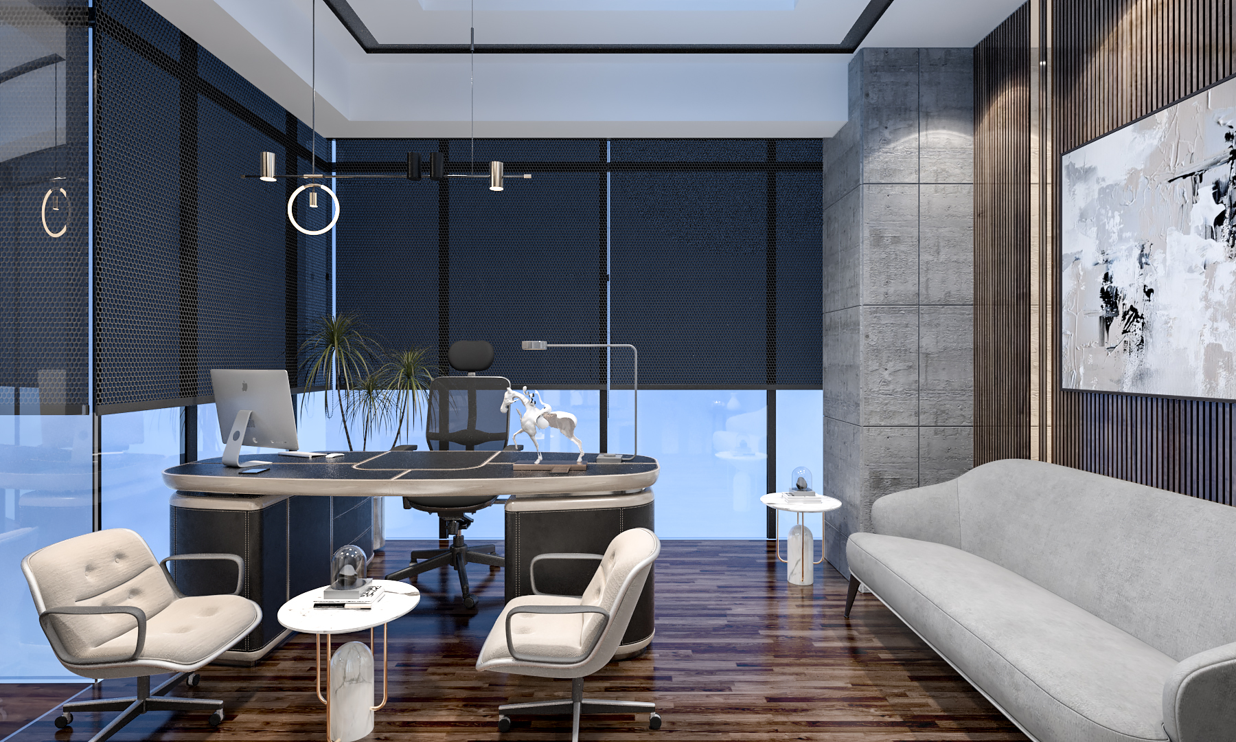 Executive office with navy perforated screens, concrete and a grey sofa