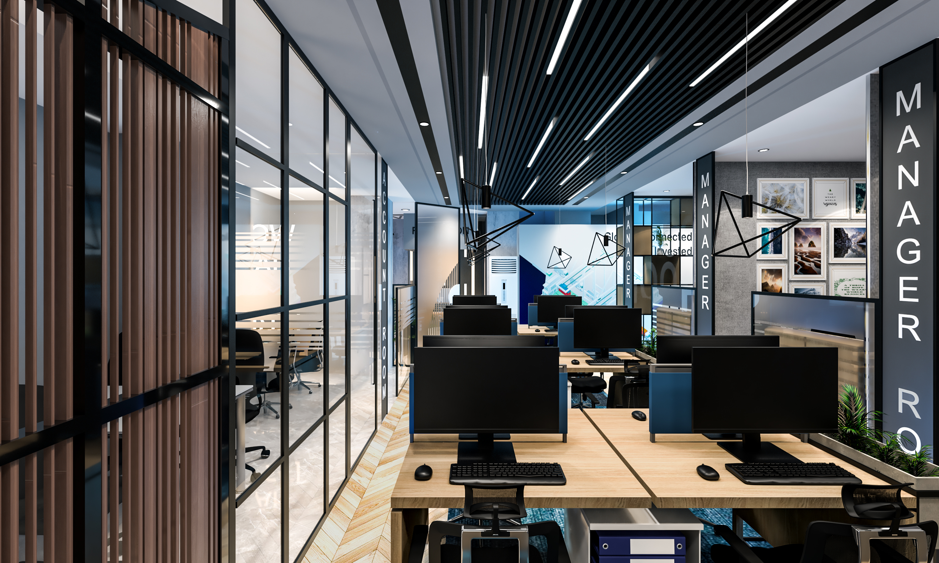 Open-plan workstations zoned by glass-partitioned manager cabins