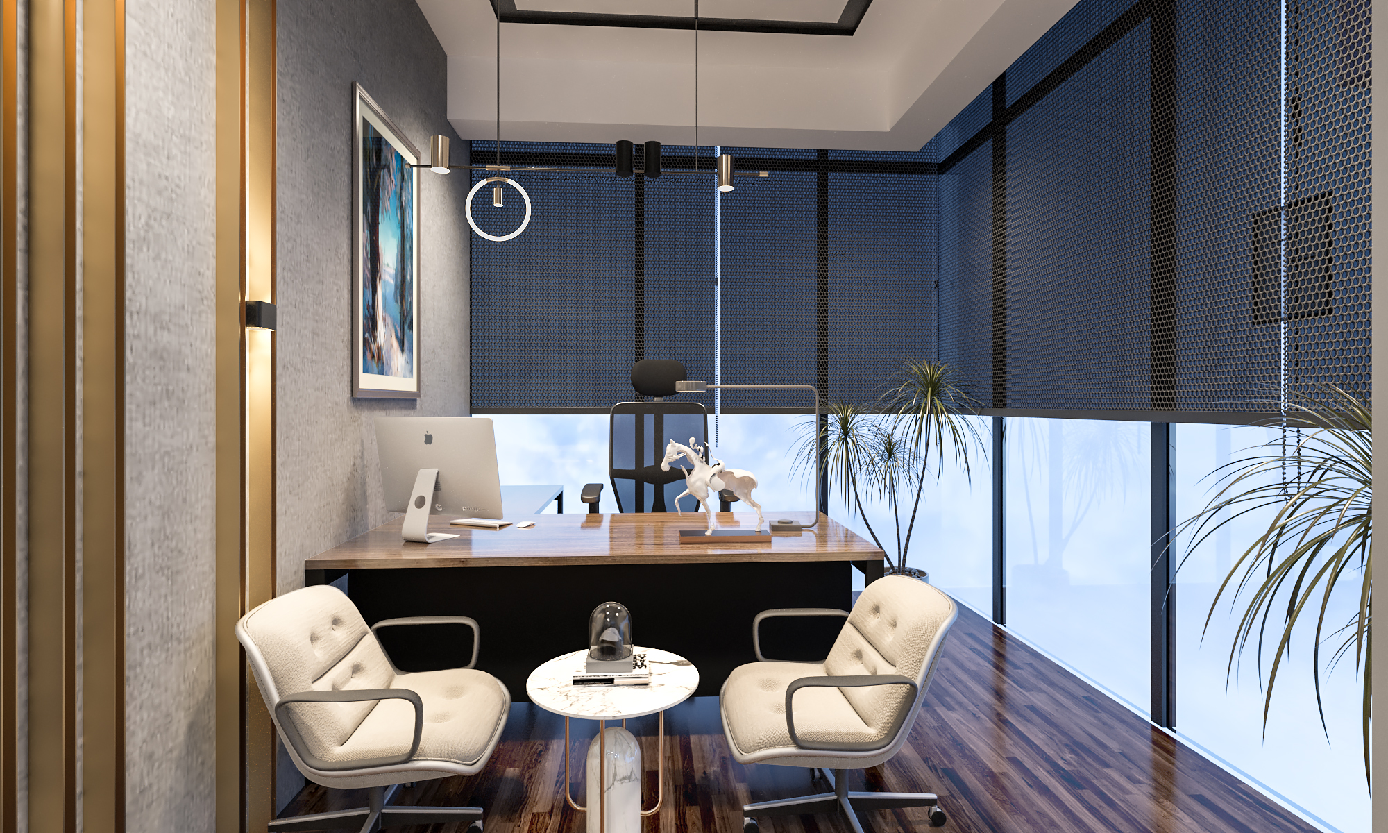 Manager cabin with a navy mesh wall, gold accent and white tub chairs
