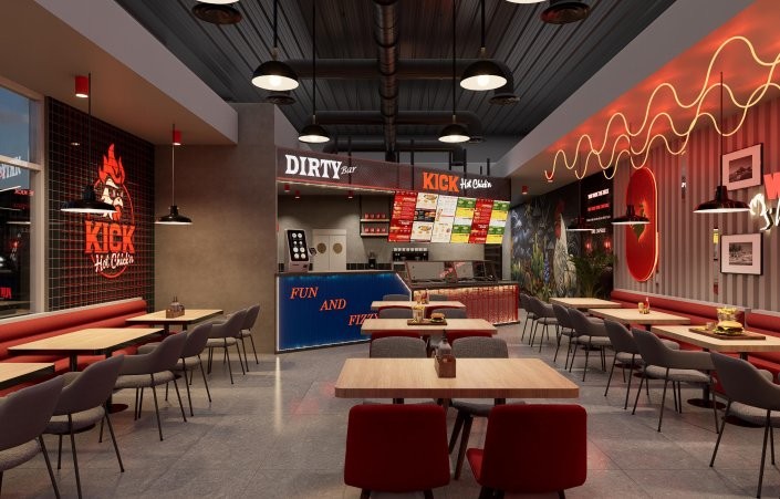 Service counter with the Dirty Bar, menu boards and brand mural