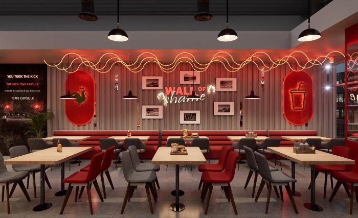 Wall of Shame feature with rooster and soda-cup neon and framed photos