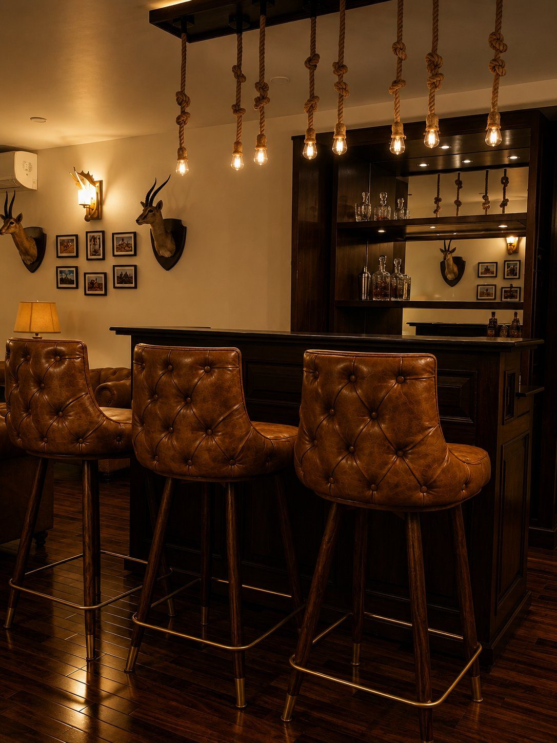 Wide basement lounge with leather sofas, hunting trophies and rope-lit bar