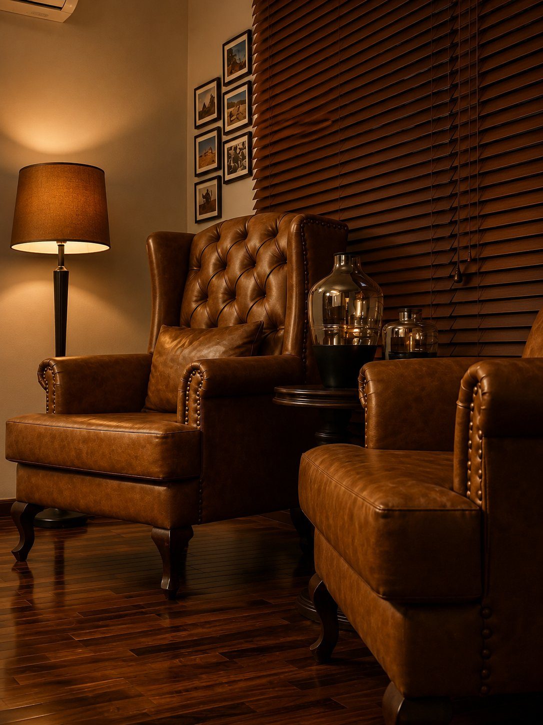 Close view of tufted leather wingback chairs and side table