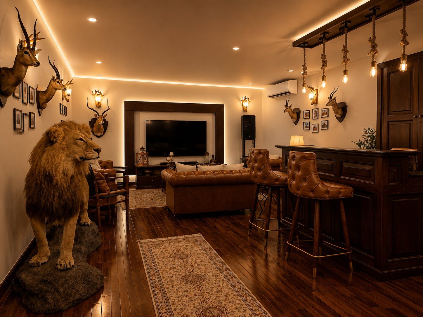 Sheesham wood bar with leather stools and hanging rope pendant lights