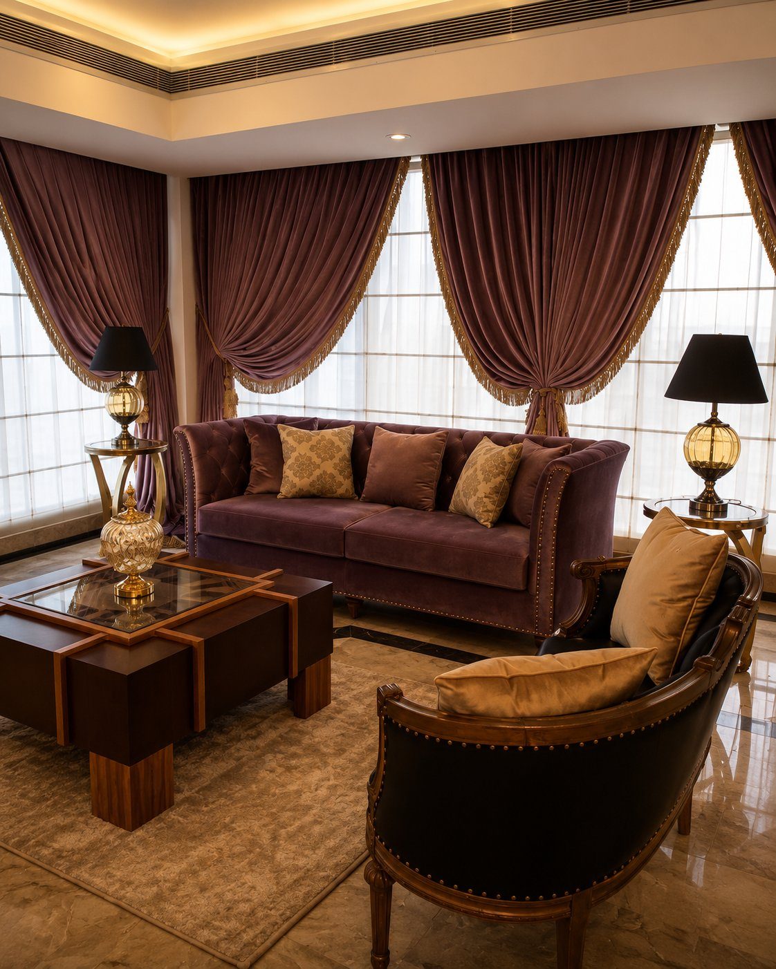 Mauve velvet sofa with gold side tables and patterned curtains
