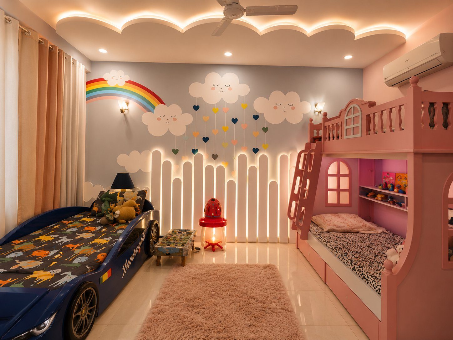Children's bedroom with cloud ceiling, rainbow mural and pink bunk bed