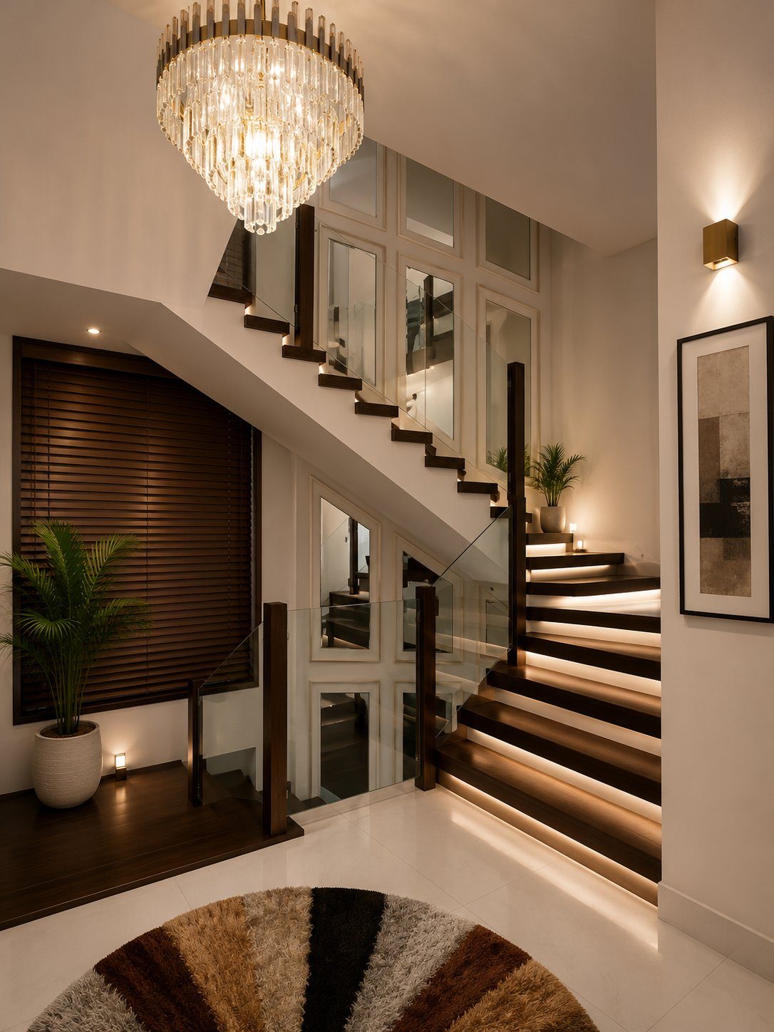 Crystal chandelier above dark wood staircase with glass railings