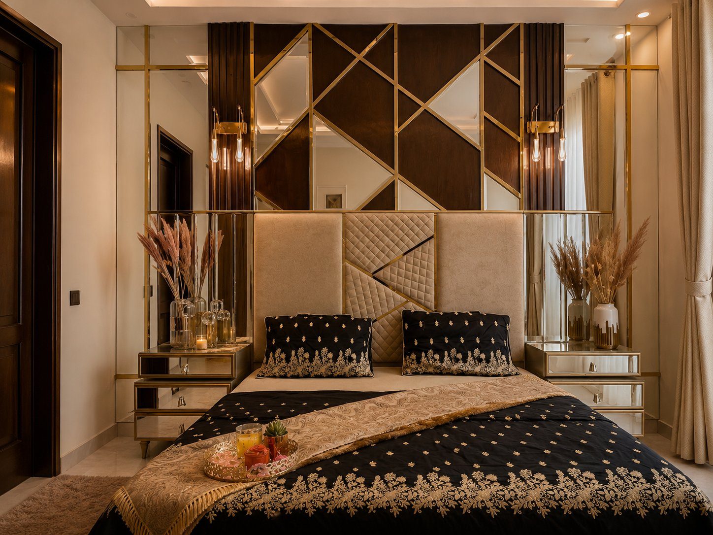 Burnt orange velvet sofas in navy panelled living room with striped TV wall