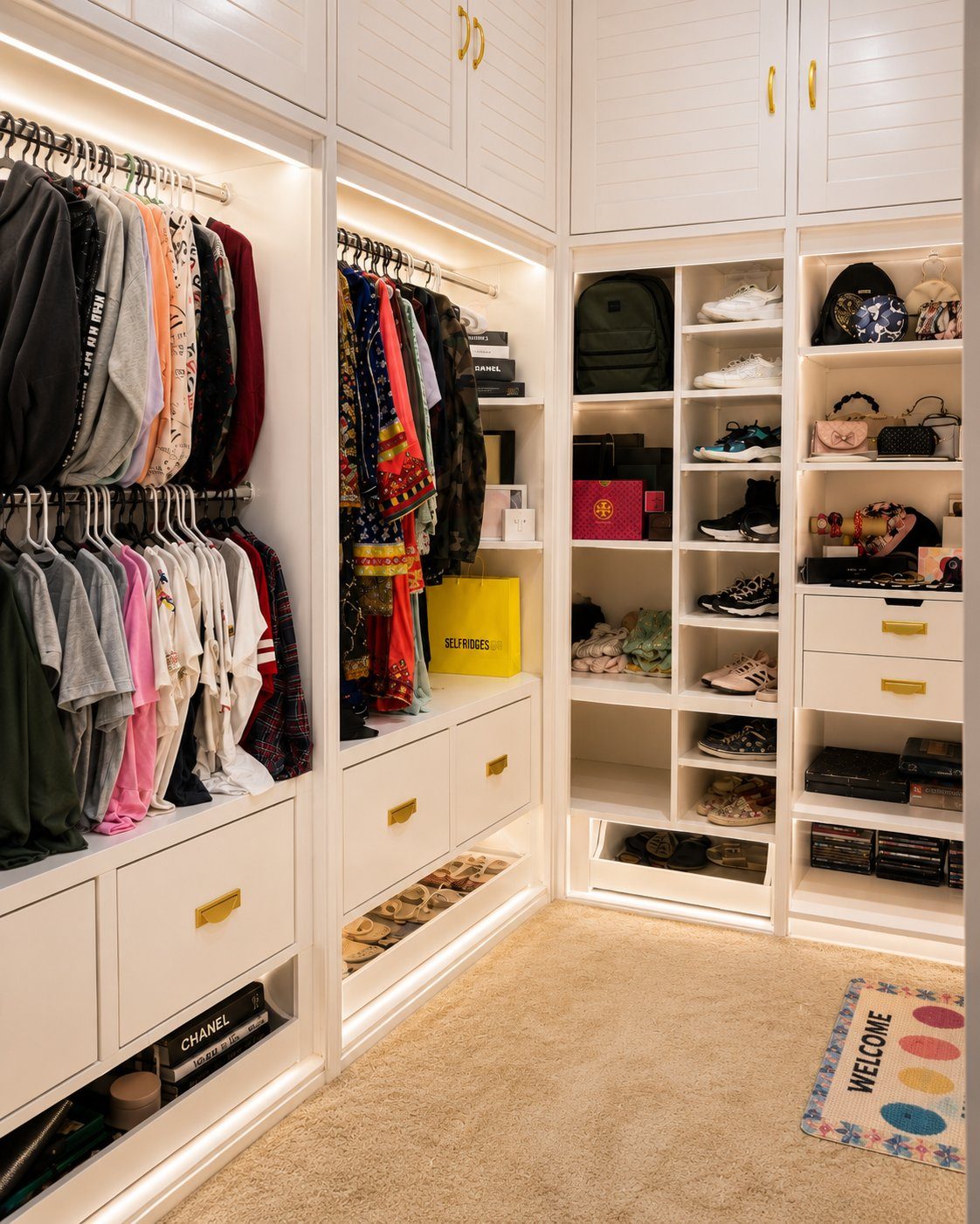 Walk-in wardrobe with white cabinetry, gold handles and organised shoe shelves