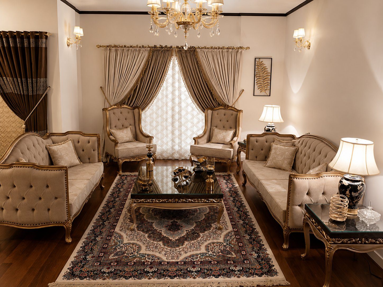 Gold drawing room with cream tufted sofas and Persian rug