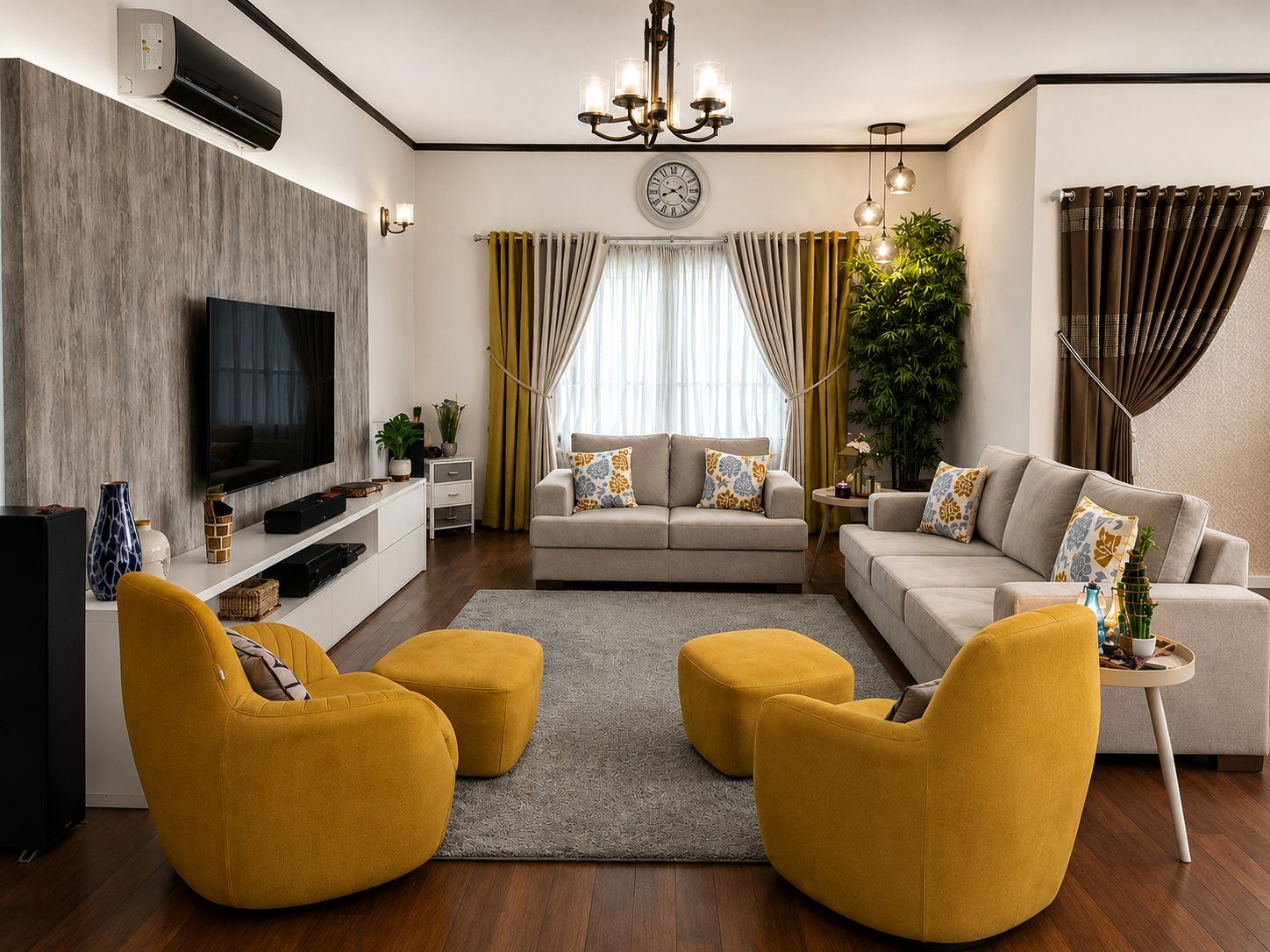 Mustard velvet armchairs and grey sectional in family living room