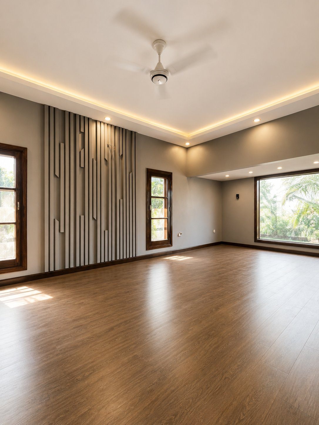 Living room with dark feature wall and large window