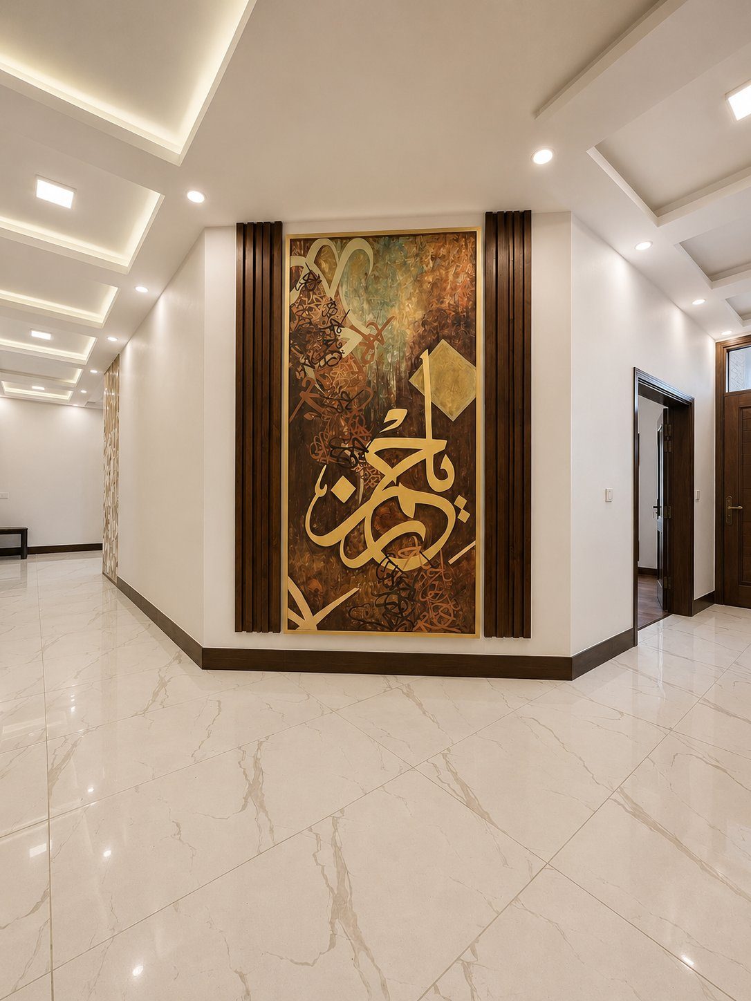 Statement Arabic calligraphy artwork framed in walnut slats