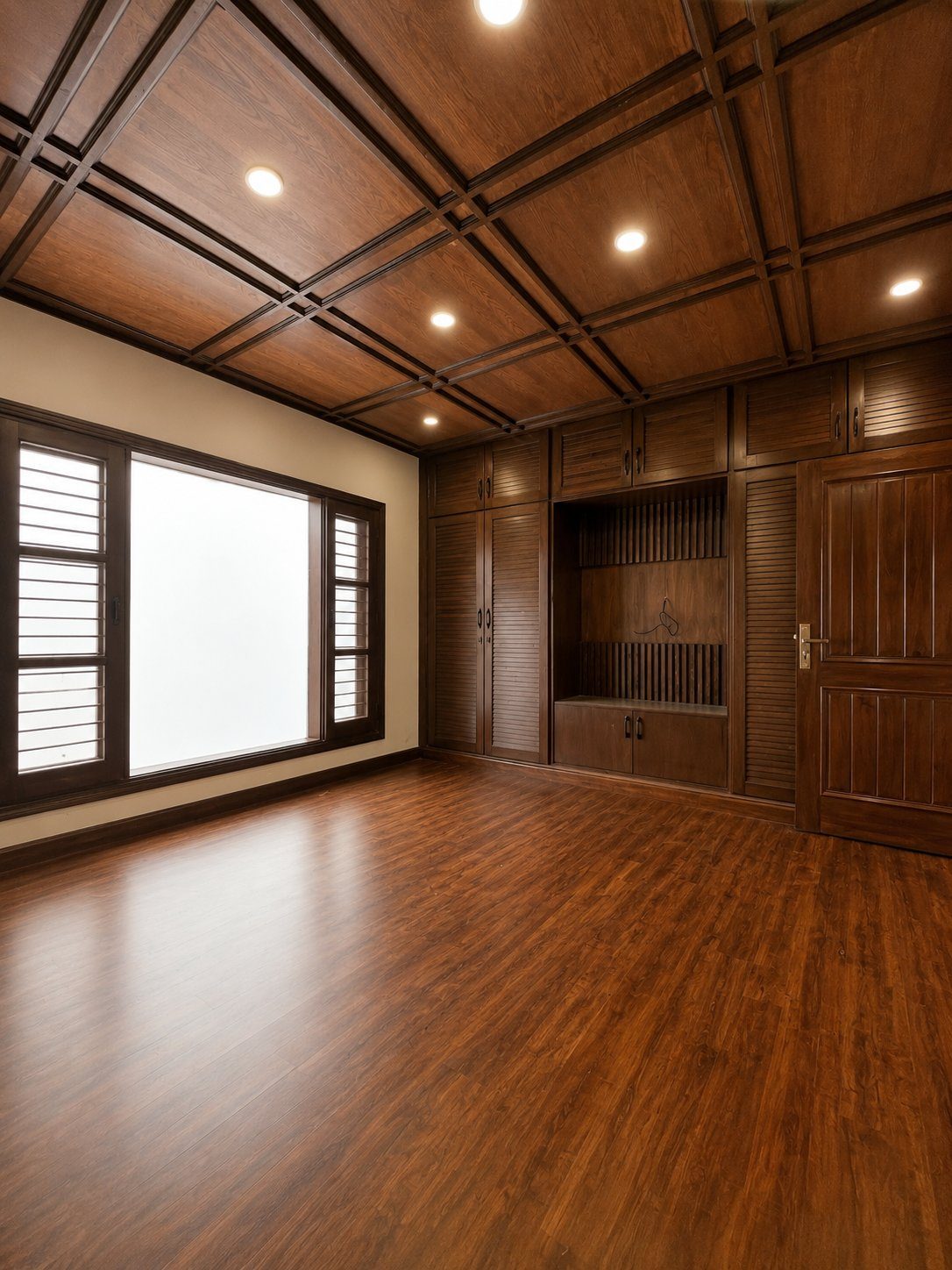 Walnut coffered ceiling bedroom with built-in wardrobe