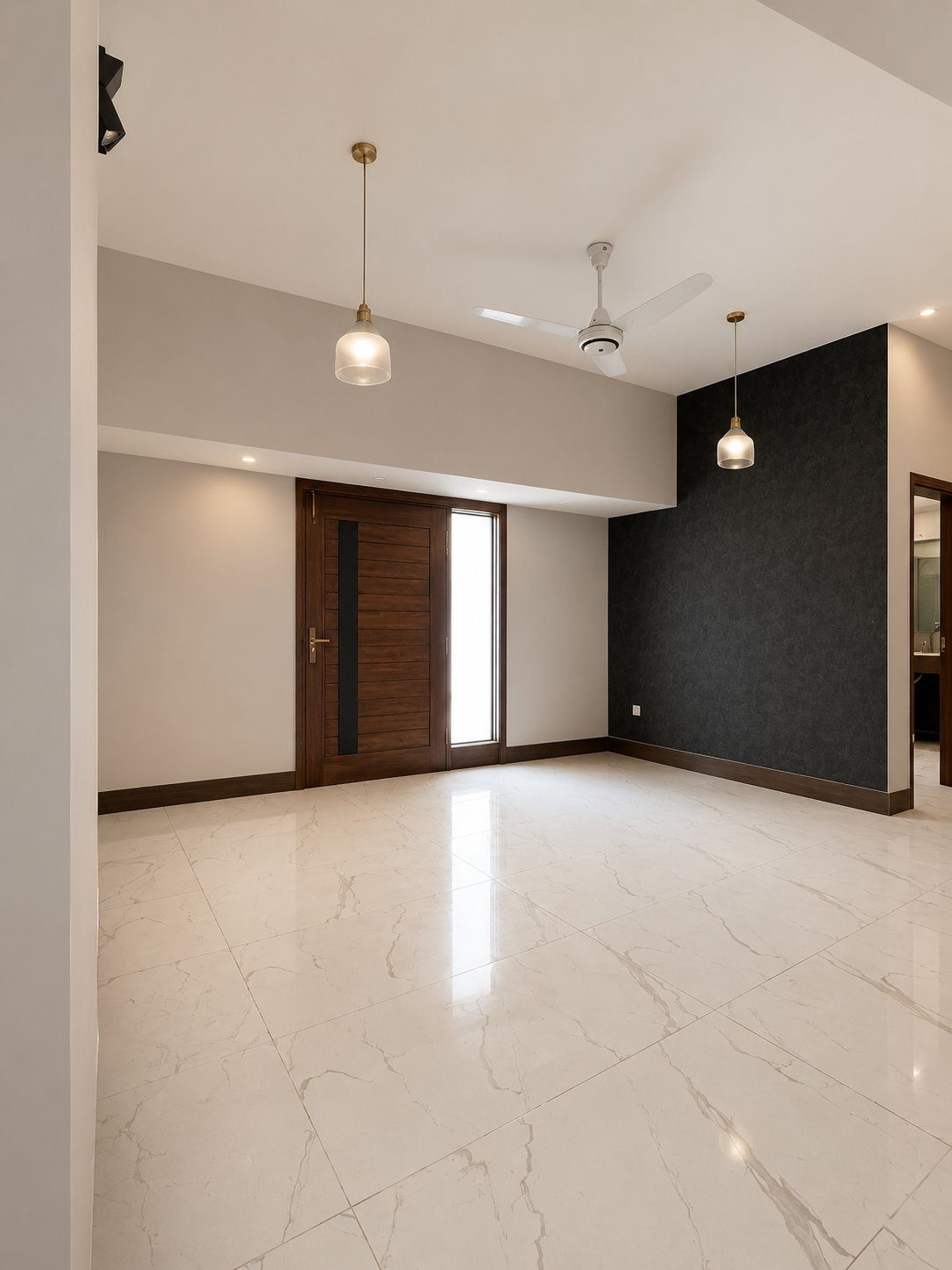 Empty room with grey fluted feature wall and warm wood floors