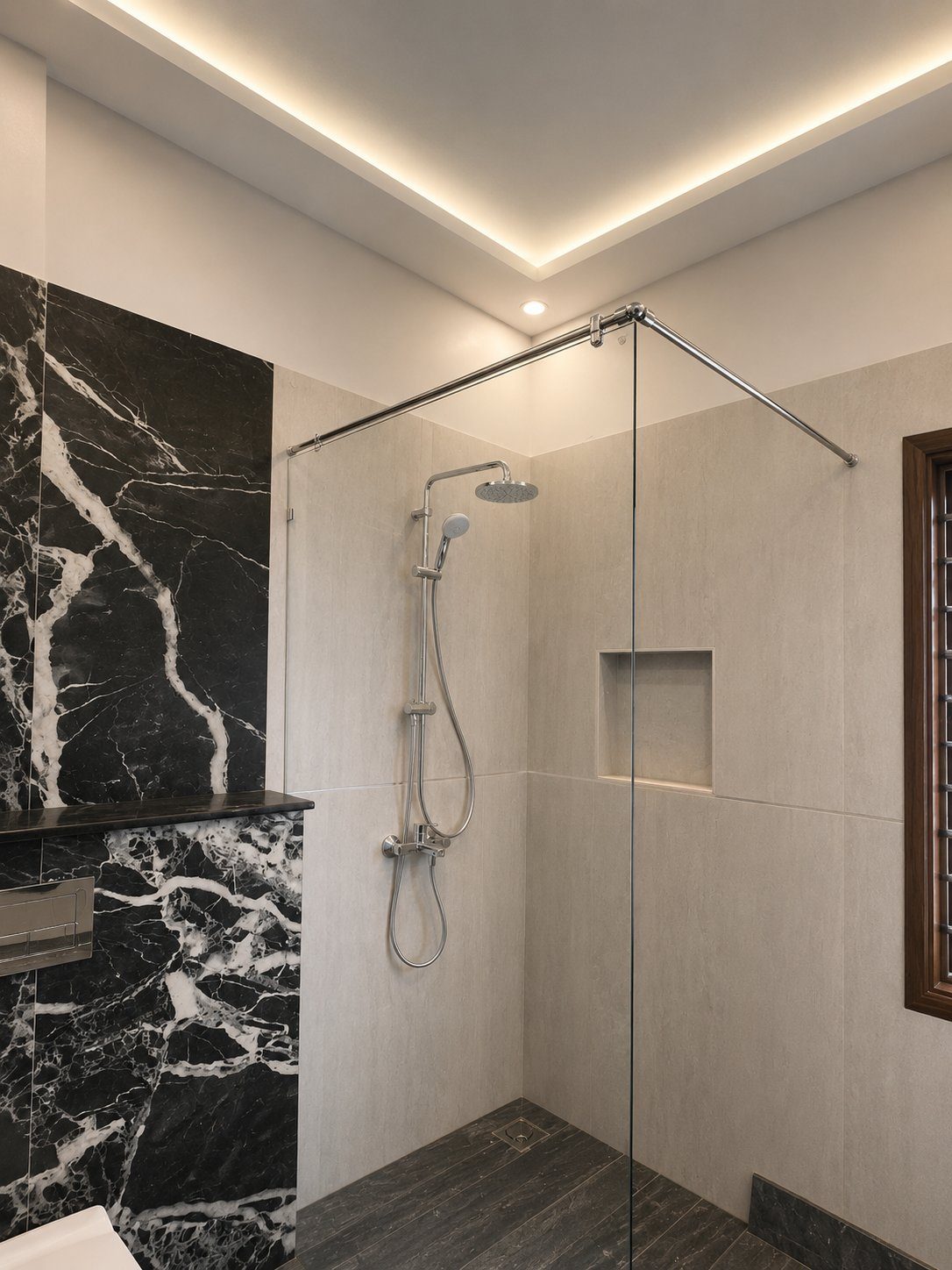 Modern ensuite shower with black marble feature wall