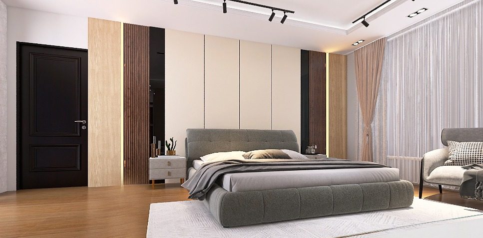 Render of grey bedroom with wood panel feature wall