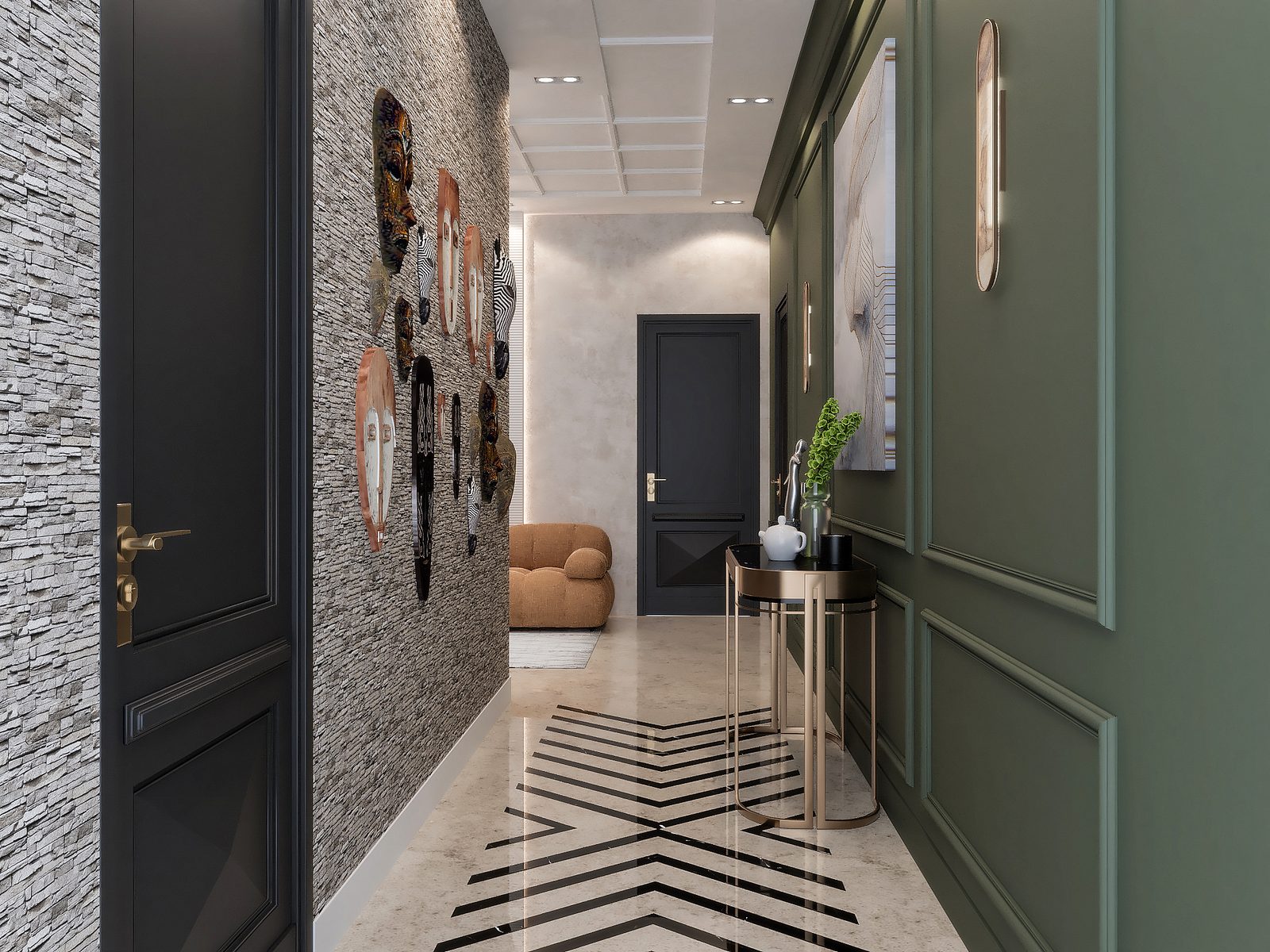 Render of hallway with stone cladding and African mask art wall