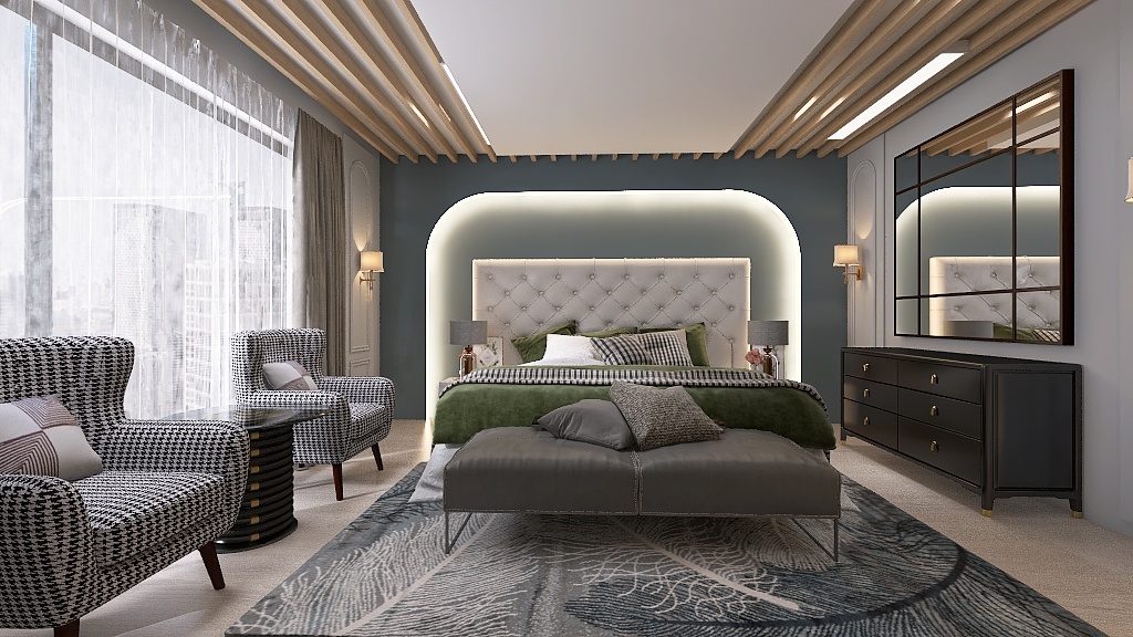 Render of green and white bedroom with houndstooth armchairs